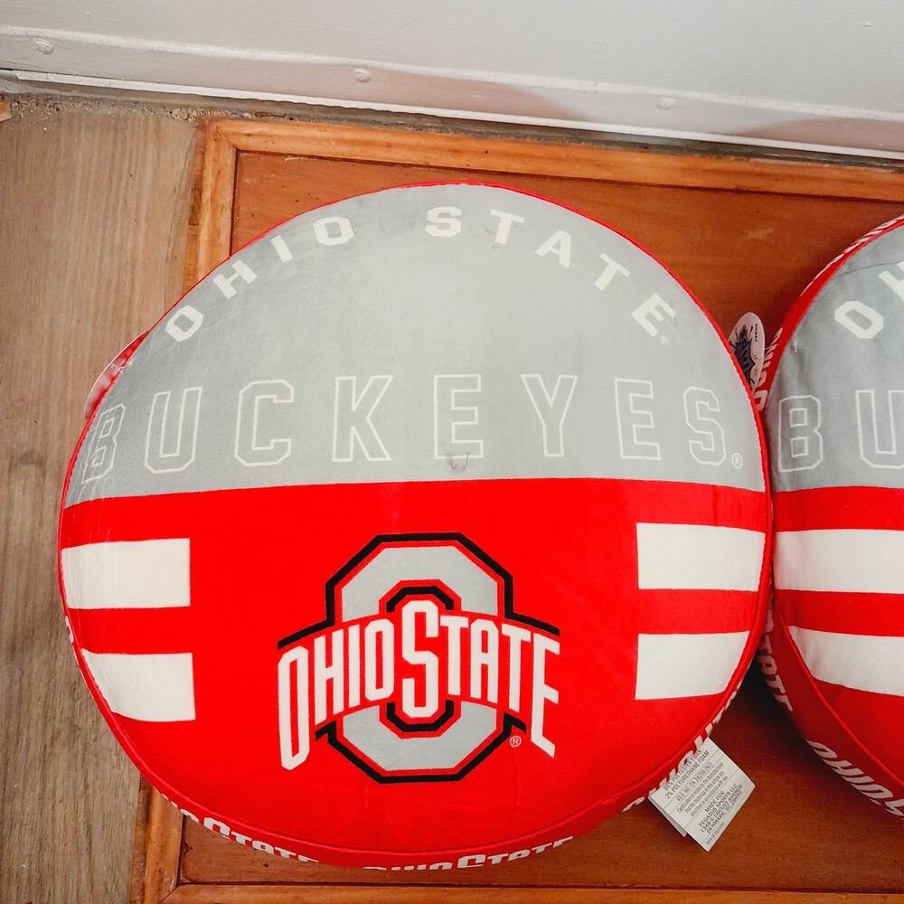 NCAA Set (2) Buckeyes 15" Plushie Circle Pillow Ohio State Couch Man Cave New